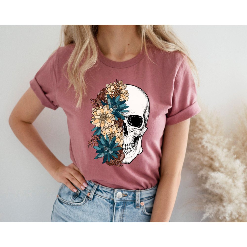 Bloom Skull Shirt, Halloween Shirt, Floral Skull Boho Graphic Tee, Womens Fall Shirt, Flower Skull Skeleton T-Shirt, Skeleton Blooms - 3.jpg