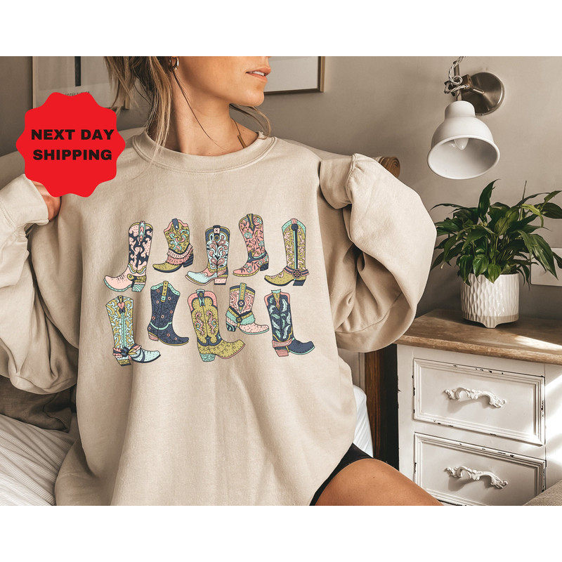 Cowboy Boot Sweatshirt, Star Boot Sweatshirt, Retro Cowgirl Sweatshirt, Western Chic Women's Sweatshirt, Gift for Women, Pink Boots - 1.jpg