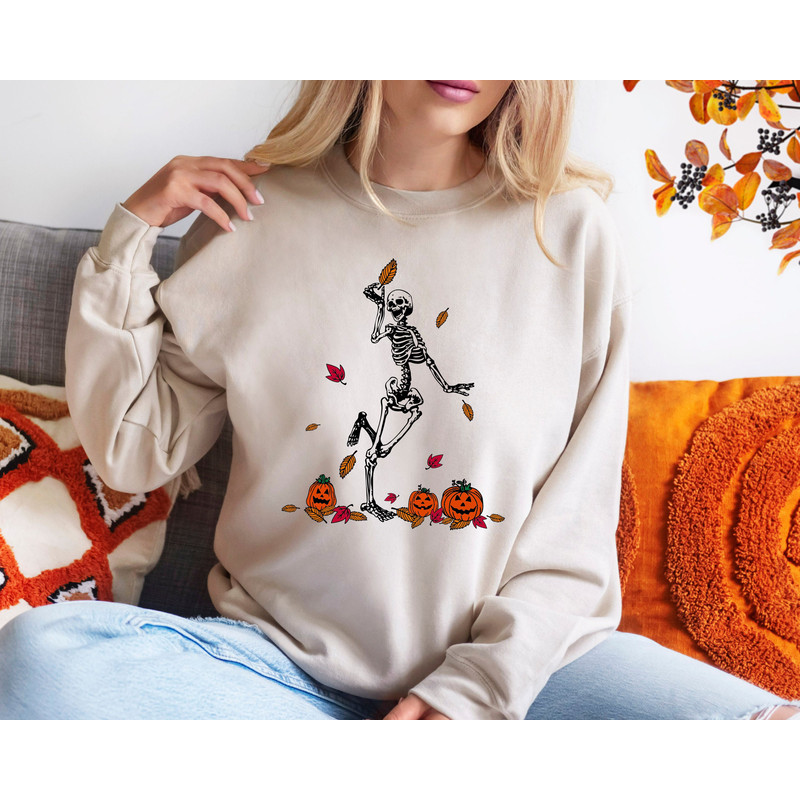 Dancing Skeleton sweatshirt, Pumpkin sweatshirt, Skeleton and pumpkin sweatshirt for halloween, Fall sweatshirt, Funny Halloween sweatshirt - 3.jpg
