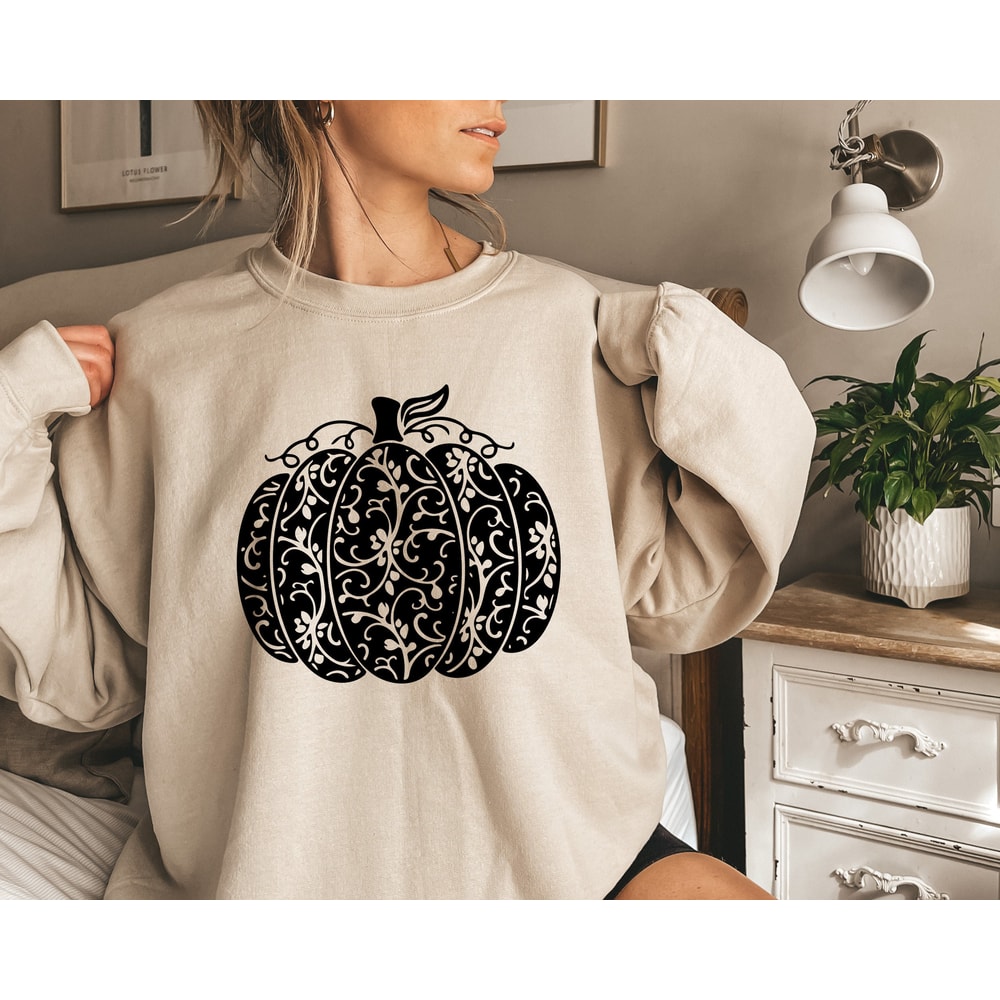 Enchanting Halloween Pumpkin Sweatshirt - Spooktacular Gift for Women, Featuring Floral Pumpkin Design - 2.jpg