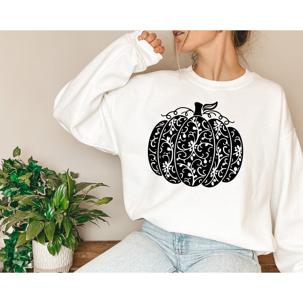 Enchanting Halloween Pumpkin Sweatshirt - Spooktacular Gift for Women, Featuring Floral Pumpkin Design - 3.jpg