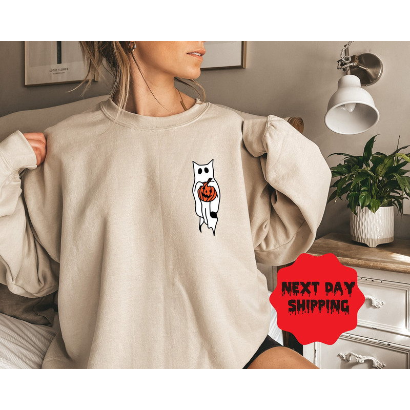 Ghost Cat Halloween Sweatshirt, Halloween Cat Shirt, Halloween Shirt, Cat Lover Shirt, Spooky Season, Pumpkin Shirt, Halloween Sweater - 1.jpg