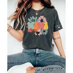 personalized mama t-shirt with kids names sleeve, custom mama shirt,retro flower mama shirt, gift for mother, childs nam