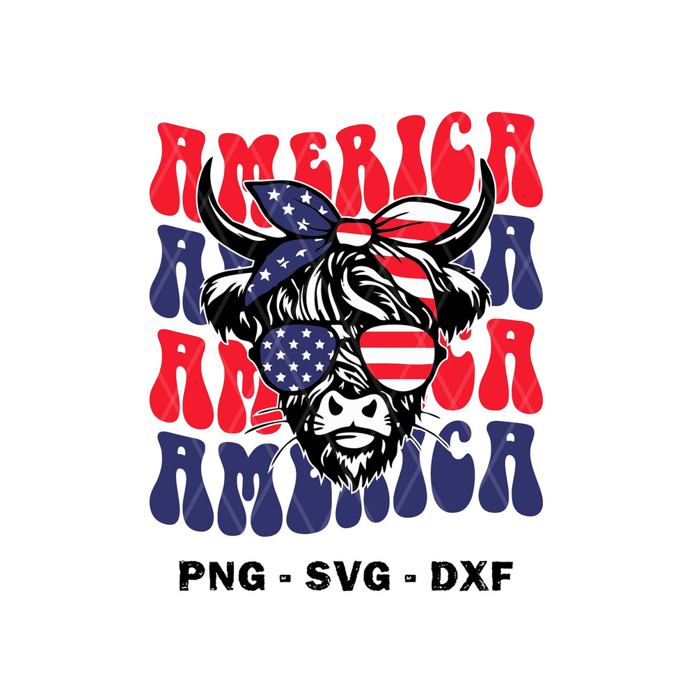 Patriotic Highland Cow America SVG, 4th of July SVG, Usa Flag Bandana Sunglass, Heifer, Png, Files For Cricut, Sublimation Designs Download - 1.jpg
