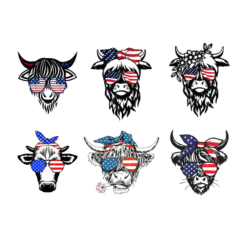 Patriotic Highland Cow SVG, 4th of July SVG, Usa Flag Bandana Sunglasses, Heifer, Png, Files For Cricut, Sublimation Designs Download - 1.jpg