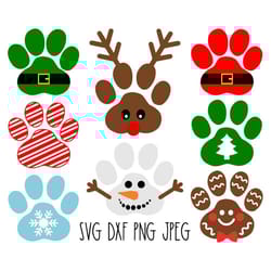 paw print svg bundle, dog bandana svg, christmas dog, reindeer, santa, digital download, cut files, sublimation (8 svgdx