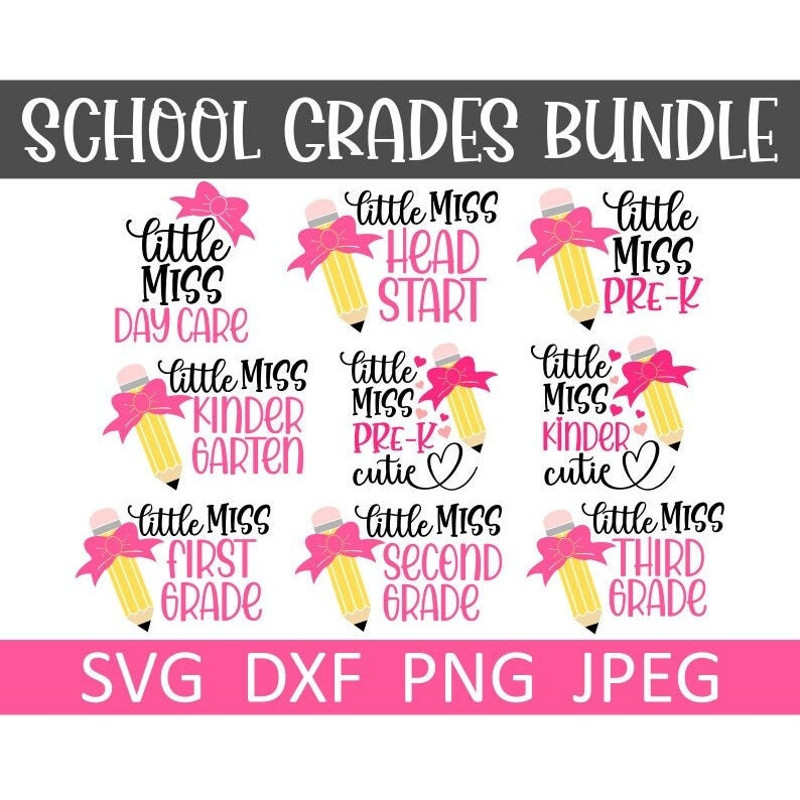 School SVG Bundle, Little Miss Pre-K, Kindergarten, Girl, Digital Download, Cut Files, Sublimation (9 individual svgpngdxfjpeg files) - 1.jpg