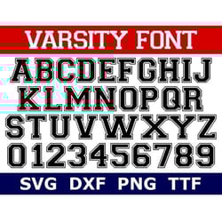varsity font svg ttf alphabet, sports font, school font, digital download, 43 svg & png files 1 dxf file ttf file