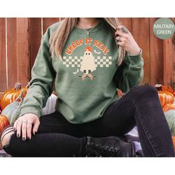 retro halloween sweatshirt creep it real sweatshirt cute ghost hoodie vintage fall crewneck spooky season sweater, vinta