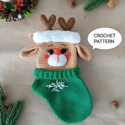 Crochet Pattern Christmas Stocking Deer, Christmas Amigurumi Stocking, New Year's Sock Pattern