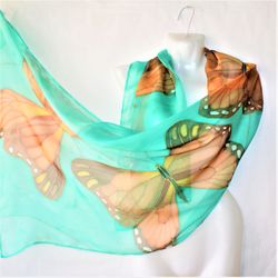 Pure Silk Scarf | Hand-Painted Monarch Butterfly Chiffon Hair Scarf