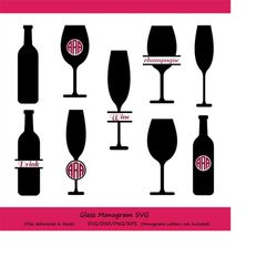wine glass svg, wine svg, wine glass monogram svg, bottle svg, wine bottle svg, silhouette files, cricut files, svg, vec