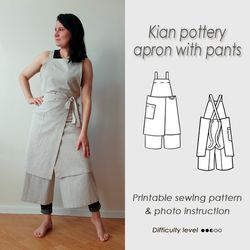 Pottery Apron with pants/Sewing Pattern/ potter's Split leg /Cross back pinafore PDF/ No-ties apron /Sewing/ KIAN