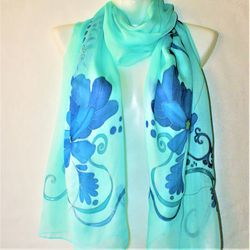 Pure Hand-painted Silk Scarf for Women - Turquoise Scarf