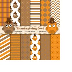 thanksgiving owls digital paper, thanksgiving owls clipart, fall digital paper, autumn digital paper, owls digital paper