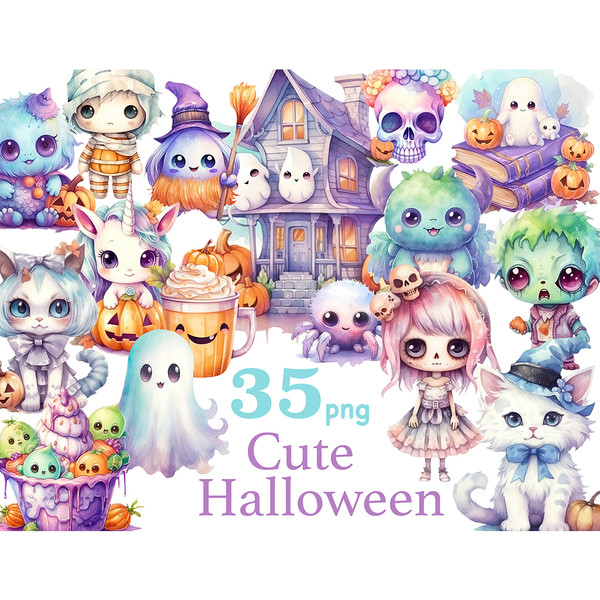 Cute Halloween Clipart Bundle, Little Monsters Clipart, GlamArtZhanna, Cute Vampire Clipart, Kawaii Clipart PNG, Kids Clipart Set PNG, Cute Zombie Clipart, Skel