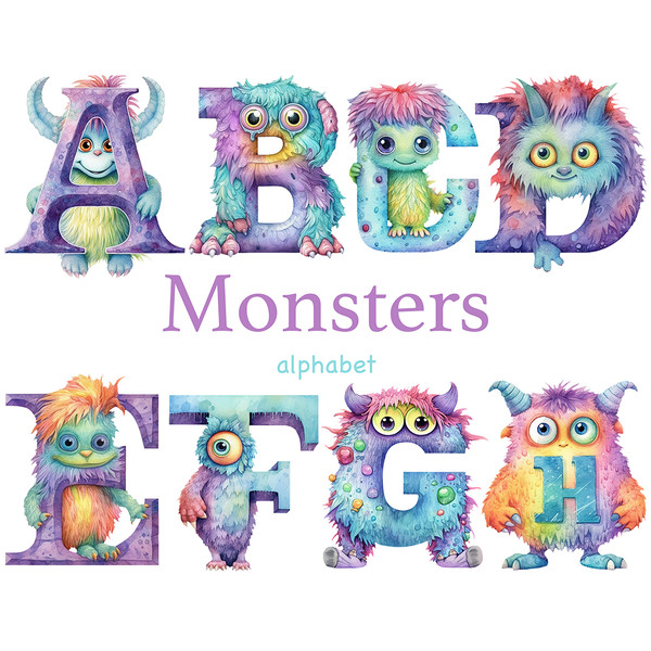 Monsters Alphabet, Cute Monsters Clipart, GlamArtZhanna, Little Monsters Clipart PNG, Kids Alphabet Clipart, Letters Printable PNG, Kids Clipart Bundle, Childre
