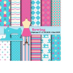 sewing digital paper, sewing clipart, sewing machine, pink and light blue, thread clipart, digital scrapbooking, polka d