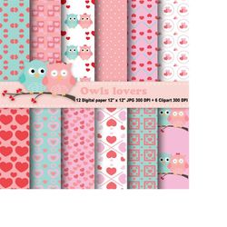 owls lovers digital paper, owls digital paper, owls clipart, owls lovers clipart, love, valentine, heart, couple, clipar
