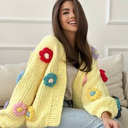 Chunky Flower Cardigan, Lolita Yellow Cardigan, Oversized Cardigan Sweater, Cropped Handknit Sweater, Warm Cute Cardigan