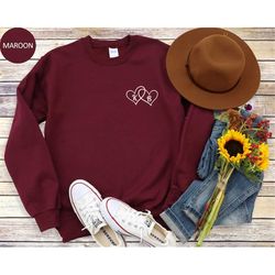custom initial hearts sweatshirt, pocket heart sweater, personalized initial letter crewneck, valentines day gift, sleev