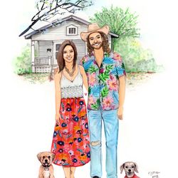 Custom Watercolor Family Portrait And Pet With House Background, Custom Watercolor Portrait Cartoon Style Digital File.