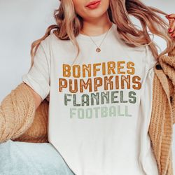 Bonfires Pumpkins Flannel Football, Fall Shirt, Womens Fall Tshirts, Cute Fall Tees, Fall Graphic Te