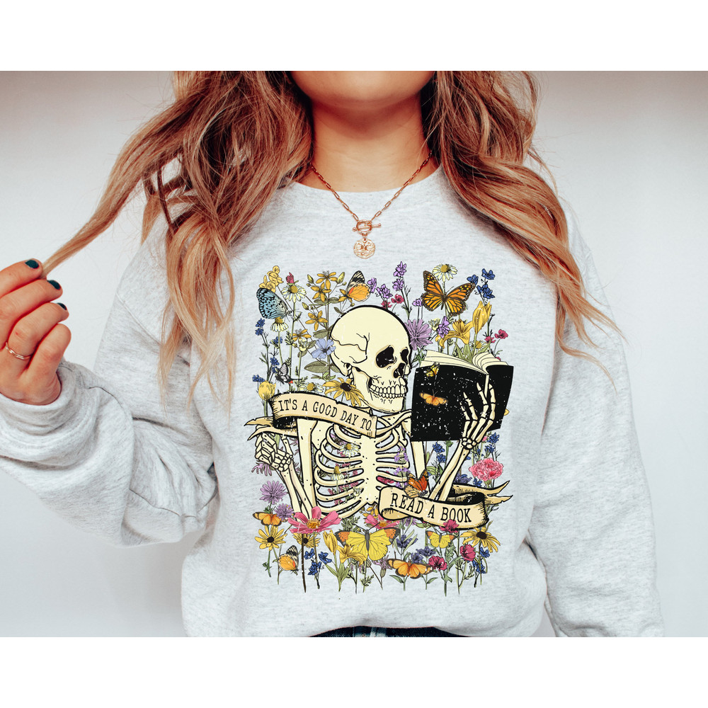 Skeleton Reading Sweatshirt, Bookish Halloween Sweatshirt, Bookish Sweater, Its a Good Day to Read a Book, Skeleton Sweatshirt, Read Sweater - 1.jpg