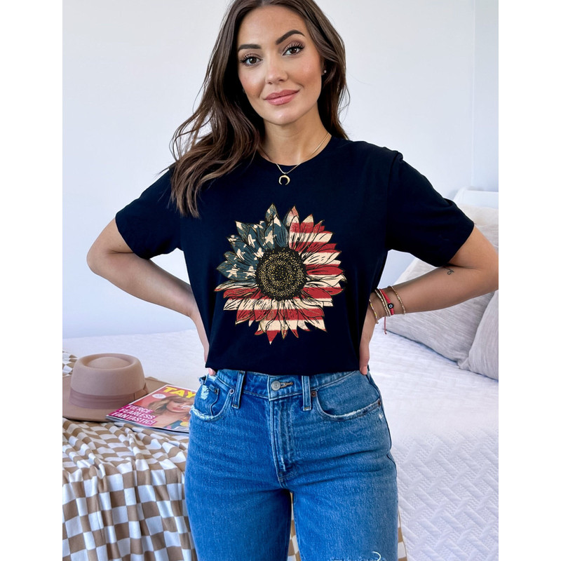 American Flag Sunflower Shirt, Women's Flower Shirt, Independence Shirt, Sunflower Shirt, Floral American Tee, Freedom Shirt, USA Flag Shirt - 1.jpg