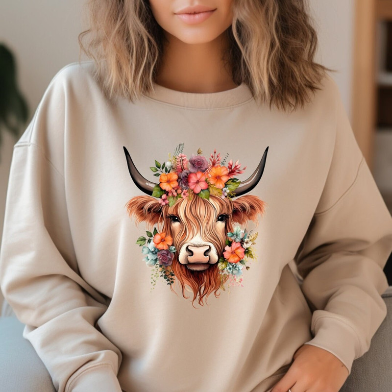 Boho Floral Cow Sweatshirt, Floral Western Highland Cow Sweater, Cute Western Shirt, Country Cow Shirt, Boho Shirt, Highland Cow Sweater - 1.jpg