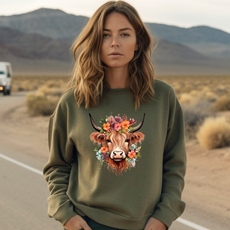 Boho Floral Cow Sweatshirt, Floral Western Highland Cow Sweater, Cute Western Shirt, Country Cow Shirt, Boho Shirt, Highland Cow Sweater - 2.jpg