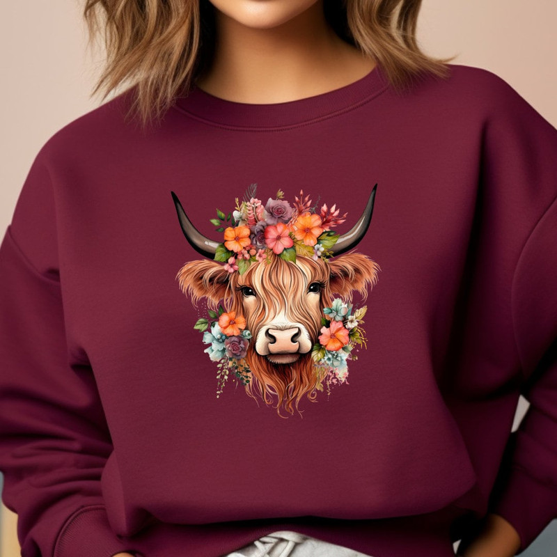 Boho Floral Cow Sweatshirt, Floral Western Highland Cow Sweater, Cute Western Shirt, Country Cow Shirt, Boho Shirt, Highland Cow Sweater - 3.jpg