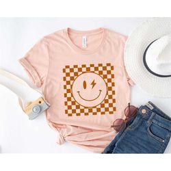 checkered smiley face shirt, funny smiley face lightning eye, smiley face t-shirt, gift for her, funny shirt, checkered