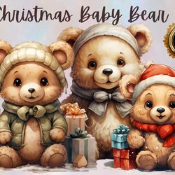Christmas baby bear clipart, Long-tailed Christmas baby bear PNG, Sublimation clipart baby bear, Christmas baby bear