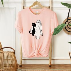 ghost holding a cat shirt, black cat shirt, ghost shirt, cute halloween shirt, halloween ghost tee,