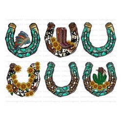 western horseshoe bundle png, horseshoe png, gemstone turquoise, cowhide, cowboy boots png, sunflower, sublimation desig