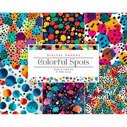 colorful polka dots digital paper set, printable backgrounds, junk journal paper, colorful spots, commercial use, digita