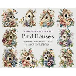 vintage watercolor bird houses clipart, vintage floral bird house camera, wedding, commercial license