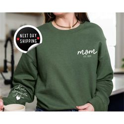 custom pocket and sleeve  sweatshirt, mom crewneck, grandmother sweatshirt with kids names, personalized  sweatshirt