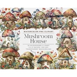 forest mushroom house clipart, watercolor mushrooms clipart, mushroom png, mushroom house clipart commercial license