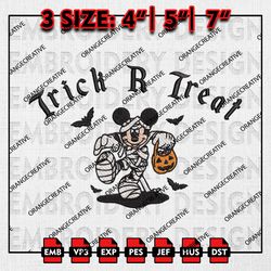Trick Or Treat Mummy Mickey Halloween Embroidery files, Disney Embroidery Designs, Halloween Machine Embroidery Files