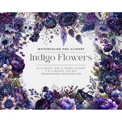 indigo and purple flowers png, watercolor floral clipart bouquets, elements, commercial use, digital clipart png