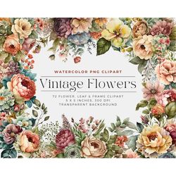 Vintage Flowers PNG, Watercolor Floral Clipart Bouquets, Elements, Commercial Use, Digital clipart PNG