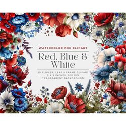 red, blue and white flowers png, watercolor patriotic floral clipart bouquets, elements, commercial use, digital clipart