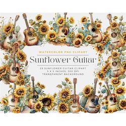 sunflower guitar clipart, babyshower clipart, western clipart, floral musical instrument , commercial license