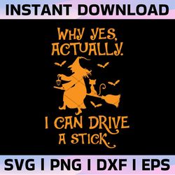 why yes actually i can drive a stick svg, halloween witch & cat svg, witch halloween svg, funny witch quote svg, witch