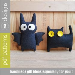 Halloween dolls sewing patterns PDF Black cat and Bat, set of 2 tutorials in English, soft toys sewing diy
