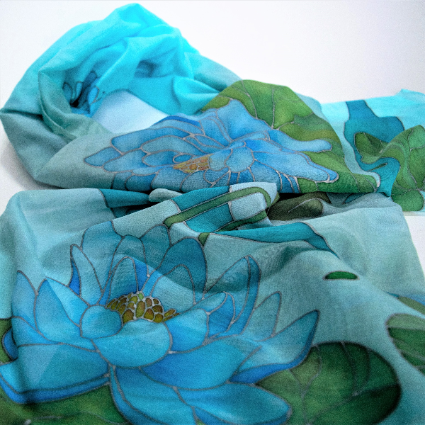 Hand-painted-blue-cotton-silk-scarf-with-lotuses