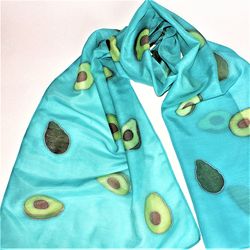 Hand-painted turquoise hair scarf with avocado for women