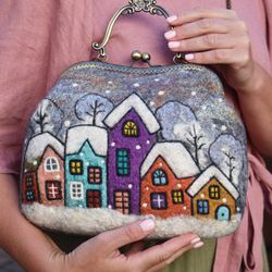 Handbag designer grey with houses, felt bag romantic